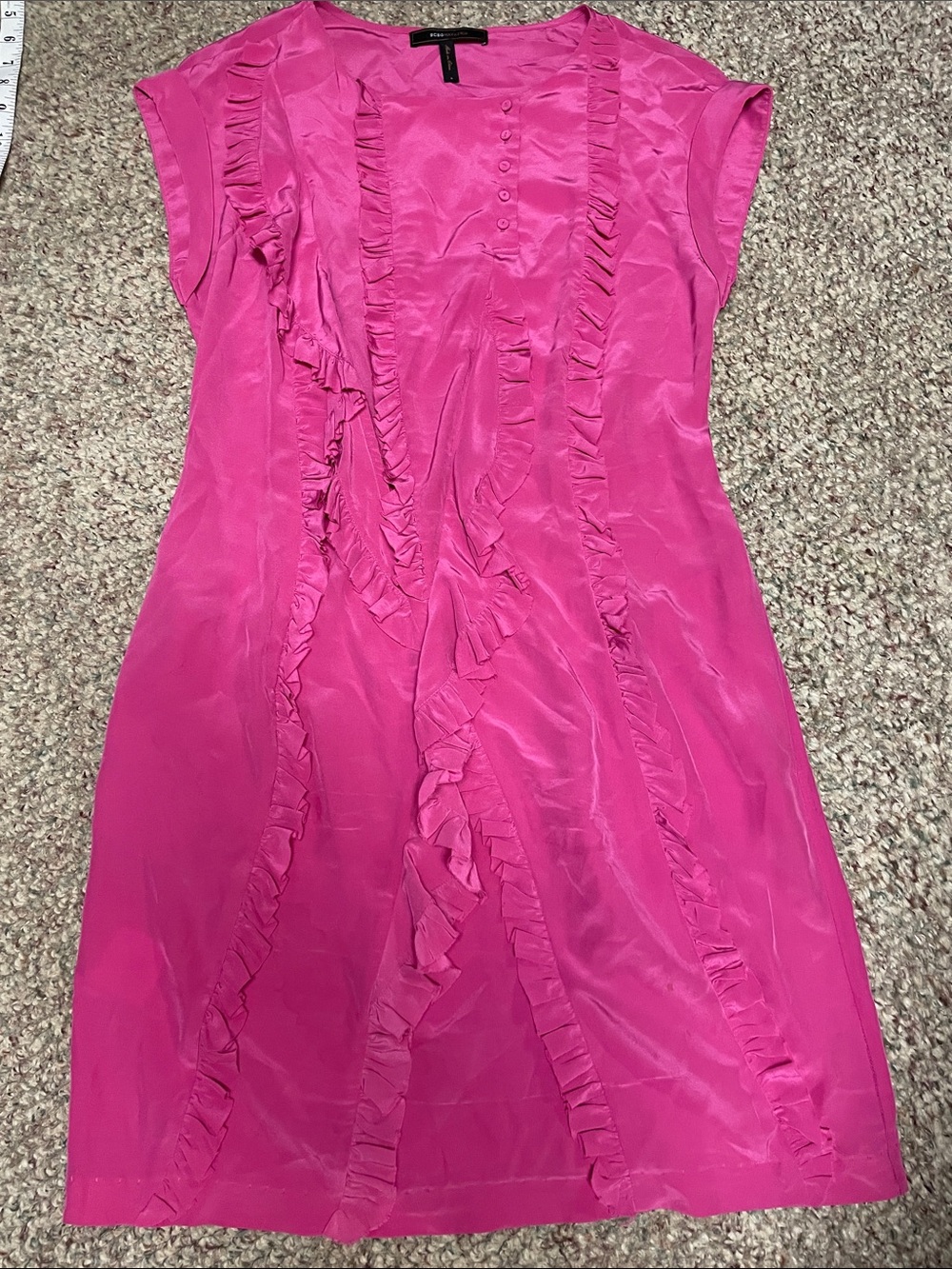 Bcbg 100% silk Hot Pink Ruffle Front mini dress with cap sleeve